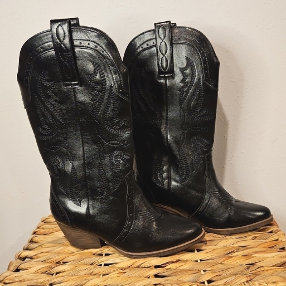 Sugar Tammy Black Heeled Cowboy Boots Western Stitching NWT Sz.6 M - Picture 1 of 10